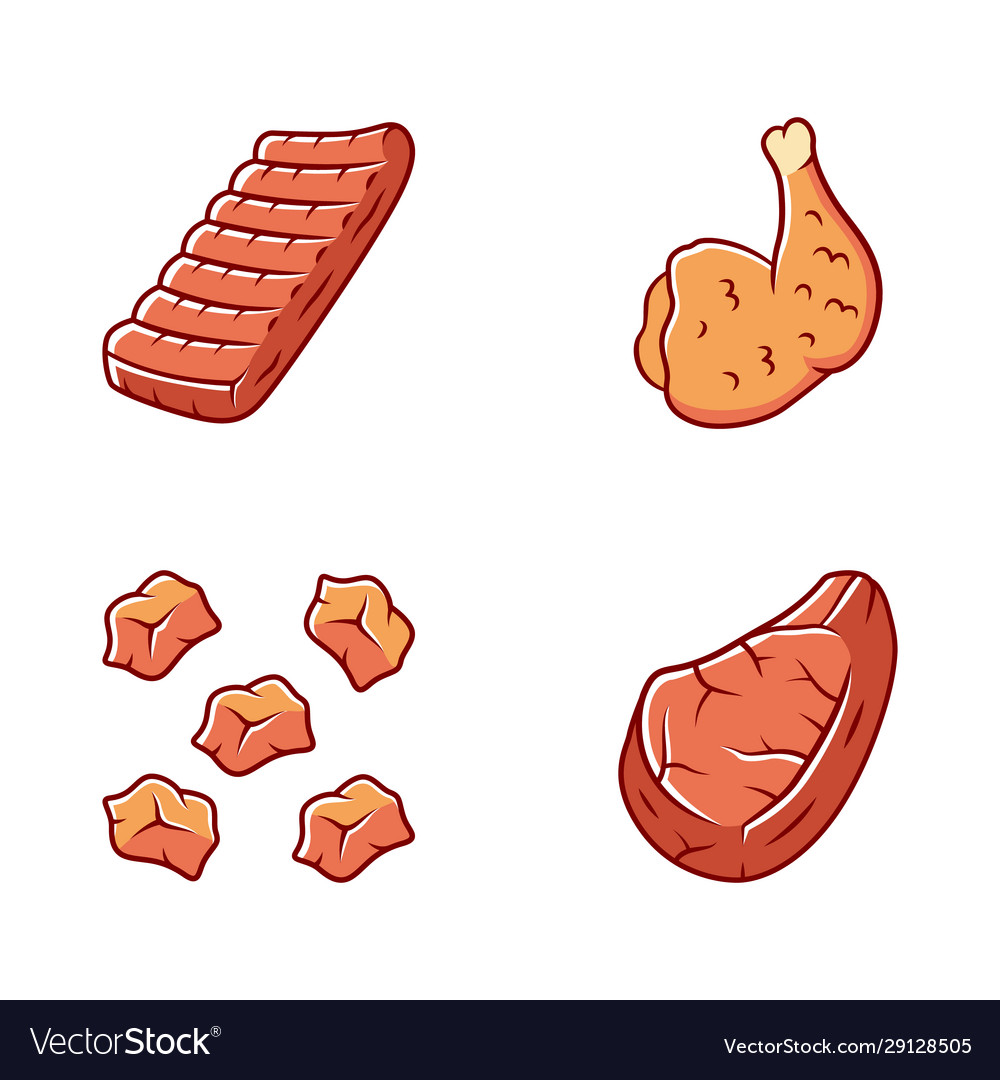 Metzger Fleischfarbe Icons gesetzt gegrillte Hühnerschinken
