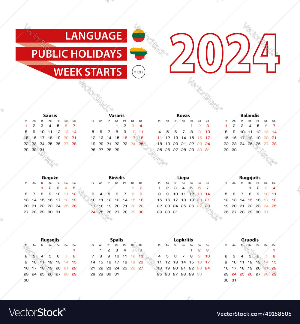 Calendar 2024 in lithuanian language with public