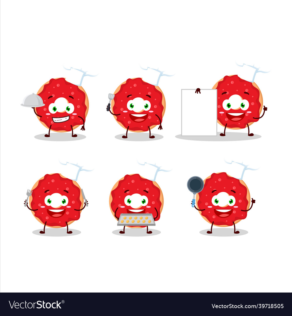 Cartoon character of raspberry donut with various