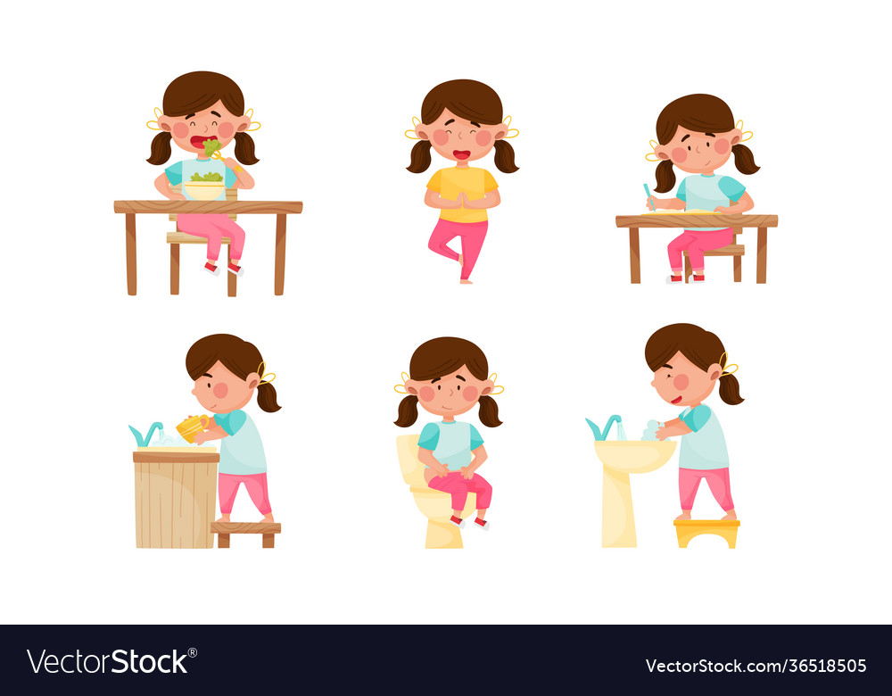 Cute girl character eating broccoli for breakfast Vector Image