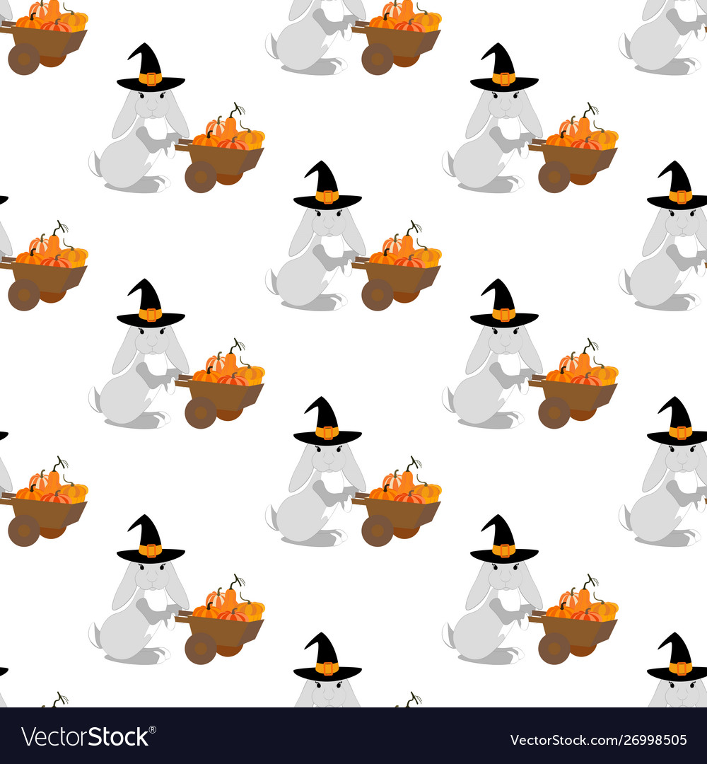 Rabbit with trolley pumpkin seamless pattern