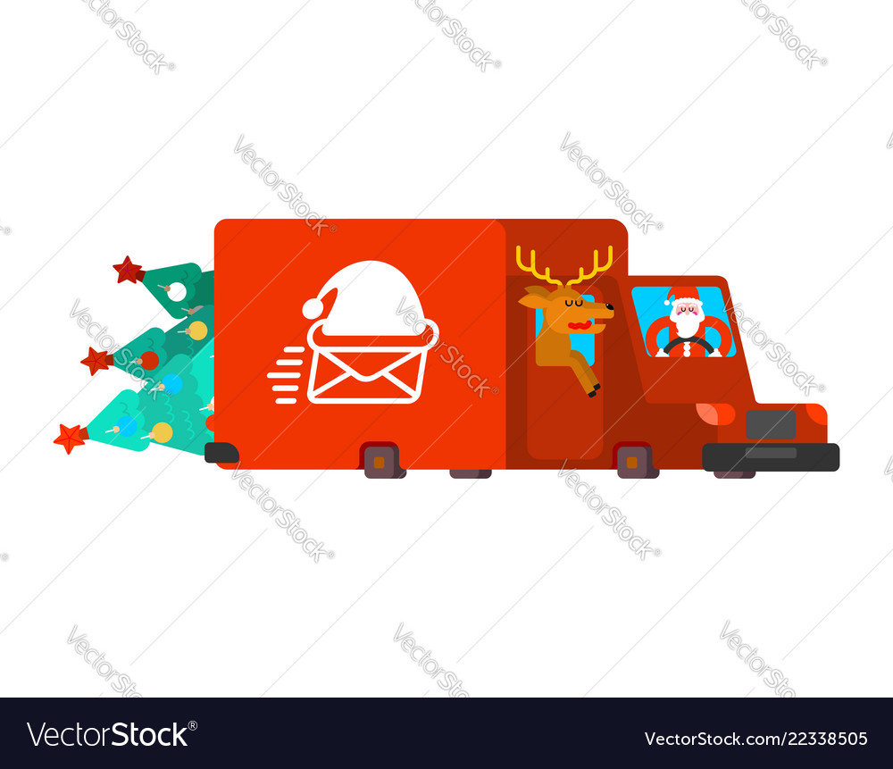 Santa post car carry christmas tree and gifts