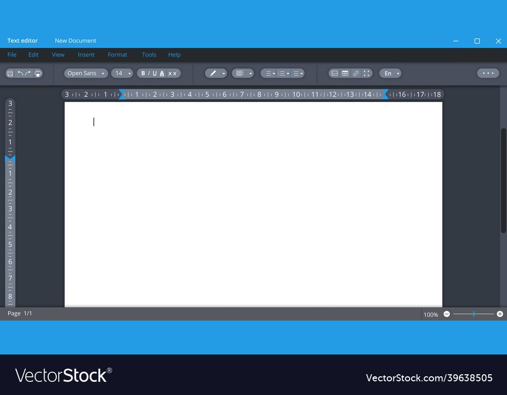 Text editor in dark theme with blank page digital vector image Text editor in dark theme with blank page digital