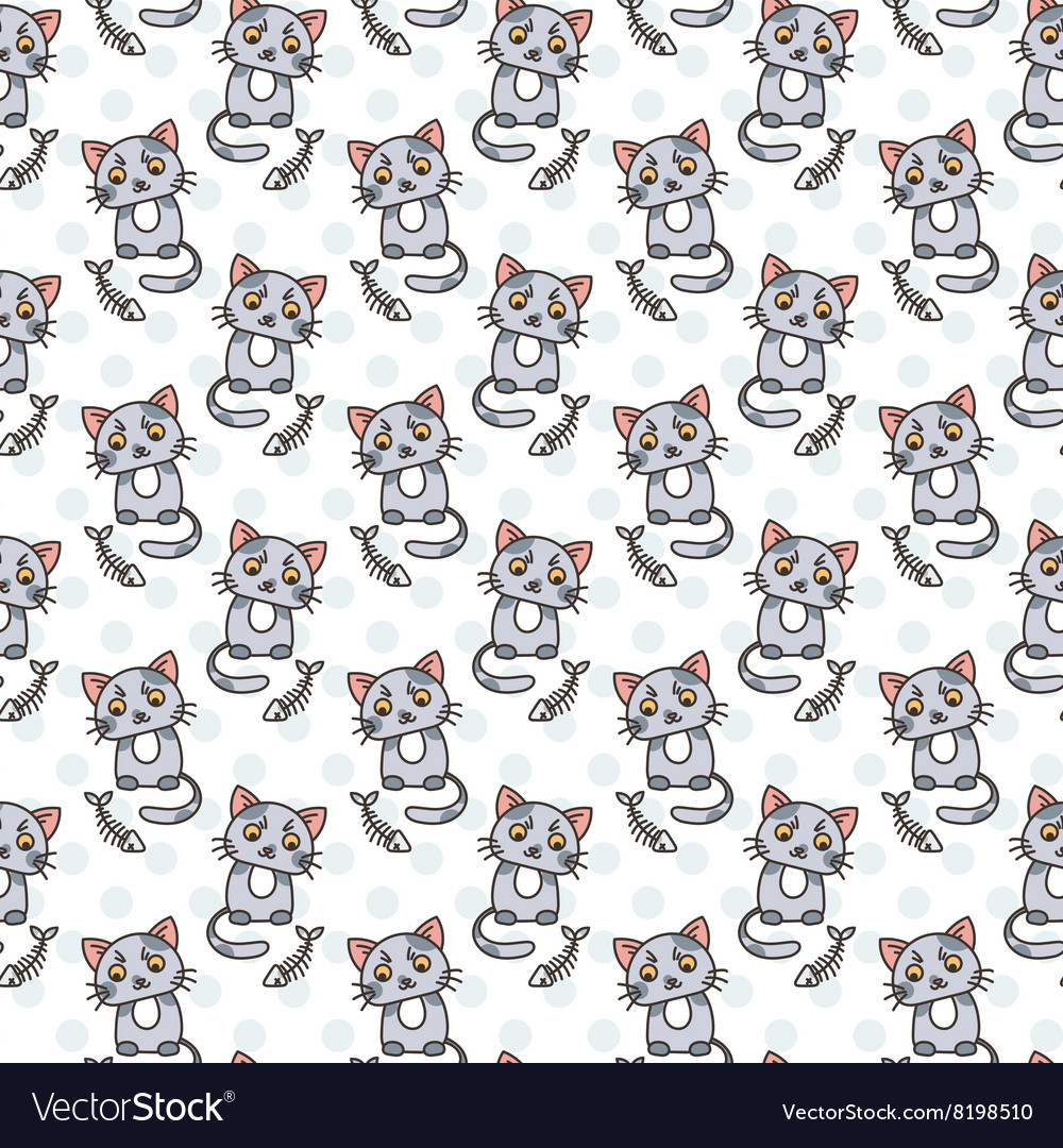 Seamless pattern of cute cat characters fishbone
