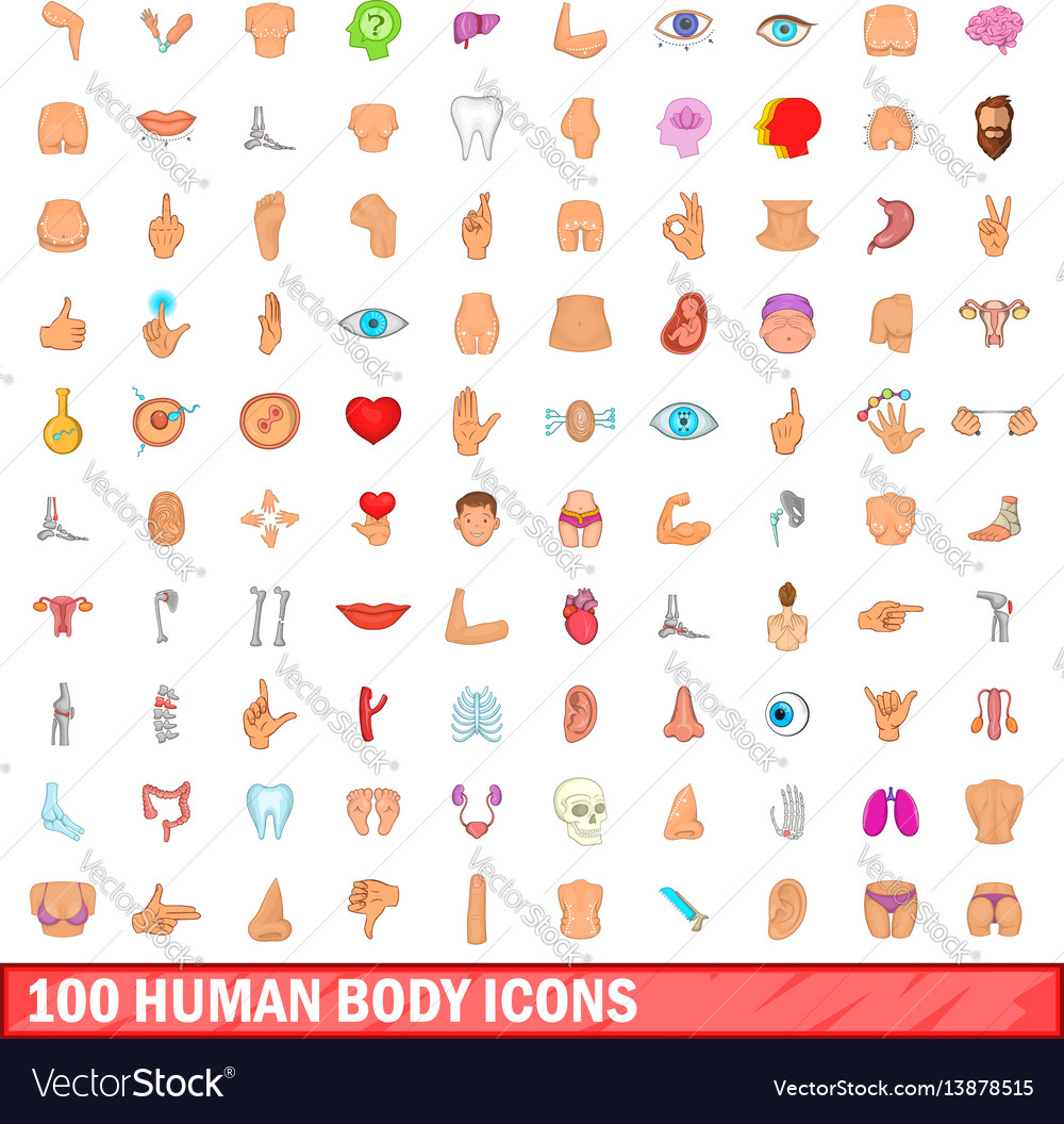 100 human body icons set cartoon style Royalty Free Vector