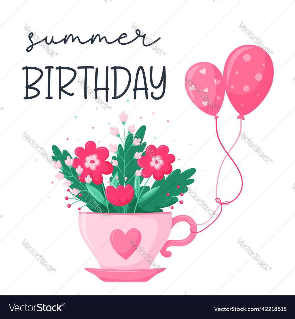 Birthday greeting card with balloons and flower vector image Birthday greeting card with balloons and flower