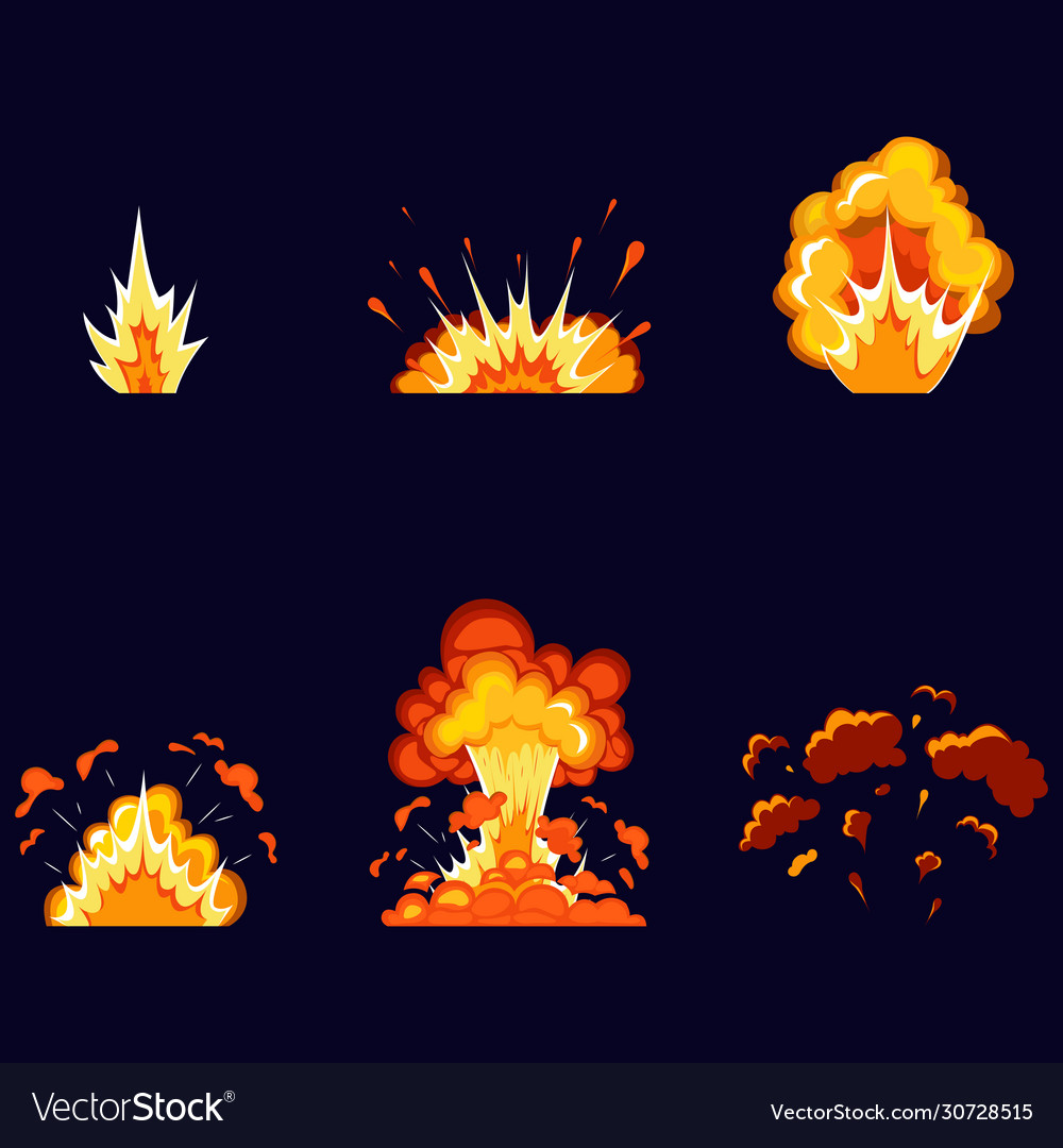 Bomb explosion and fire cartoon set