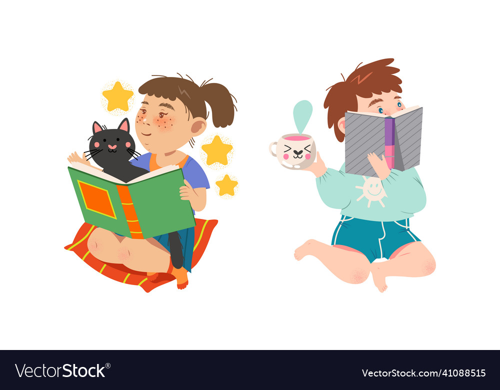 Cute kids sitting and reading books set preschool