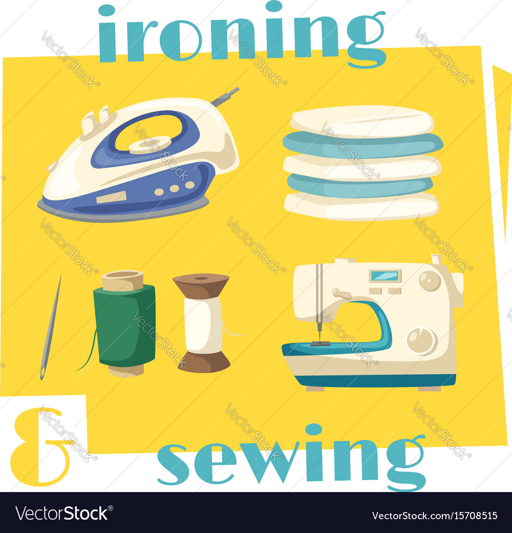 Ironing and sewing household chores cartoon icon