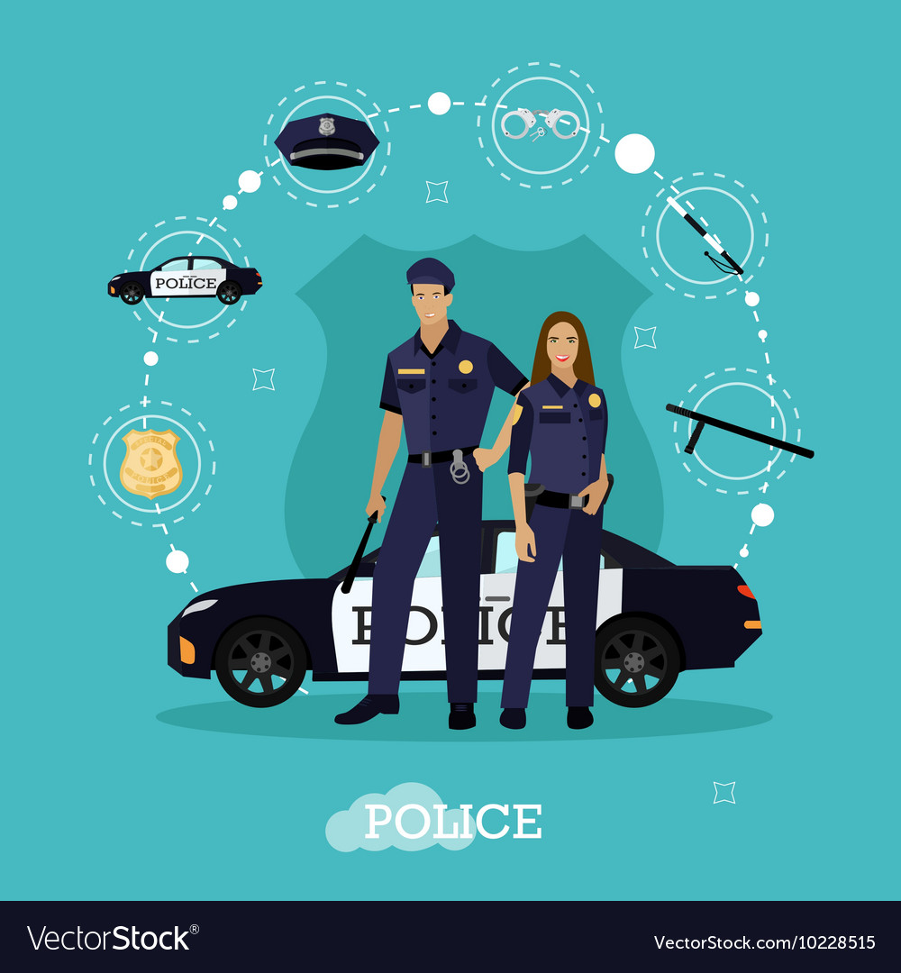 Police man and woman stay next to car concept Vector Image