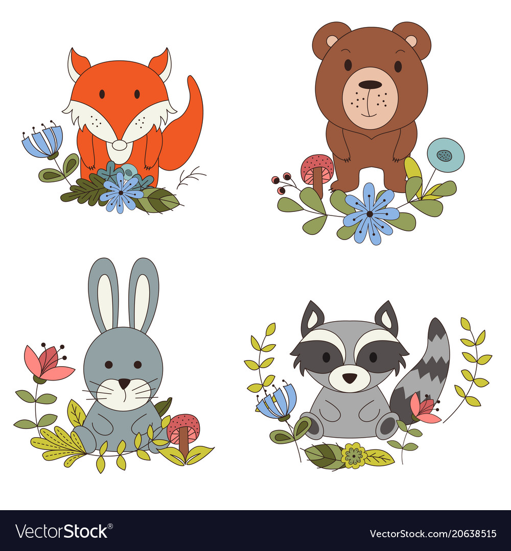 Woodland animals with cartoon hand drawn forest Vector Image