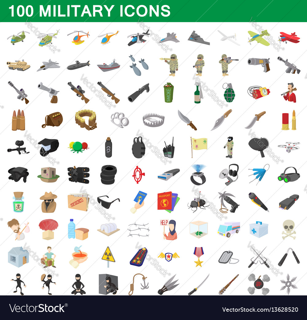 100 military icons set cartoon style vector image 100 military icons set cartoon style