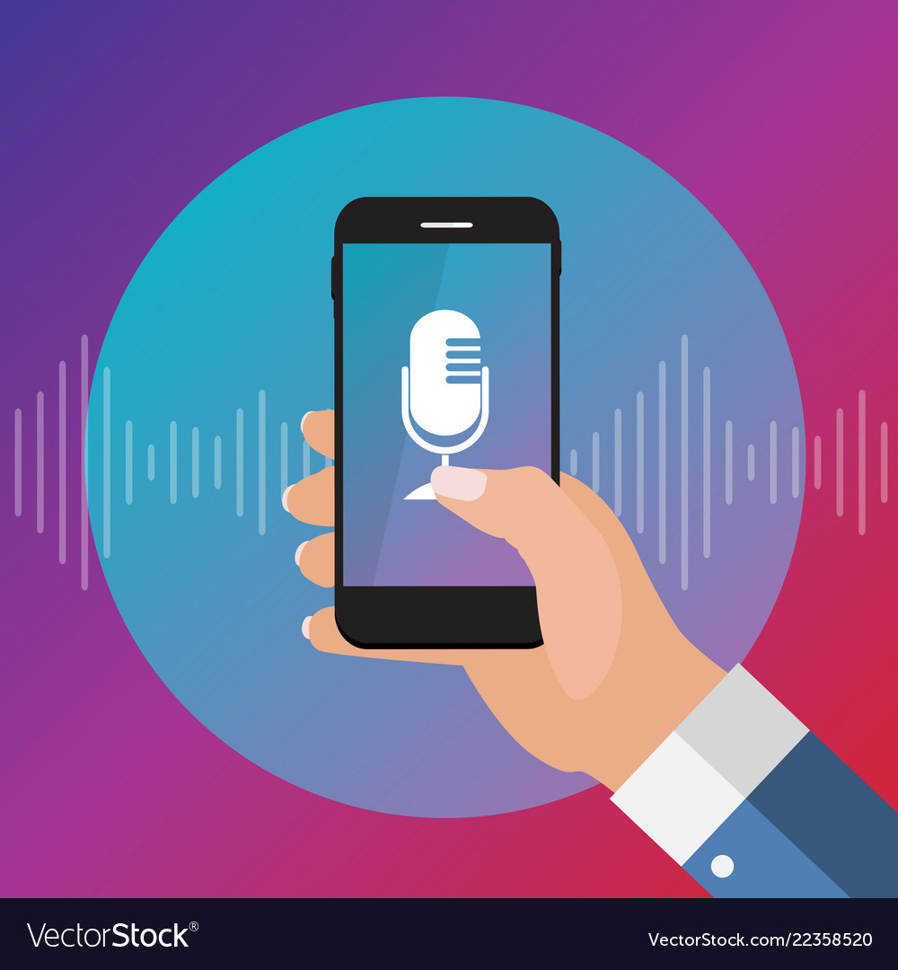 Hand with mobile phone microphone button vector image Hand with mobile phone microphone button
