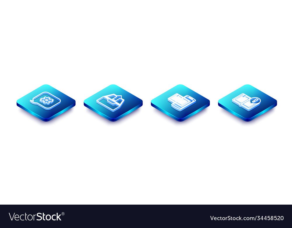 Set isometric line hashtag speech bubble upload