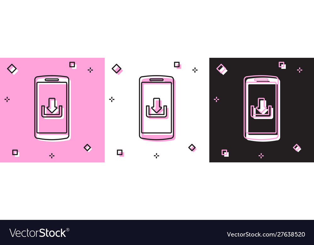 Set smartphone with download icon isolated on pink