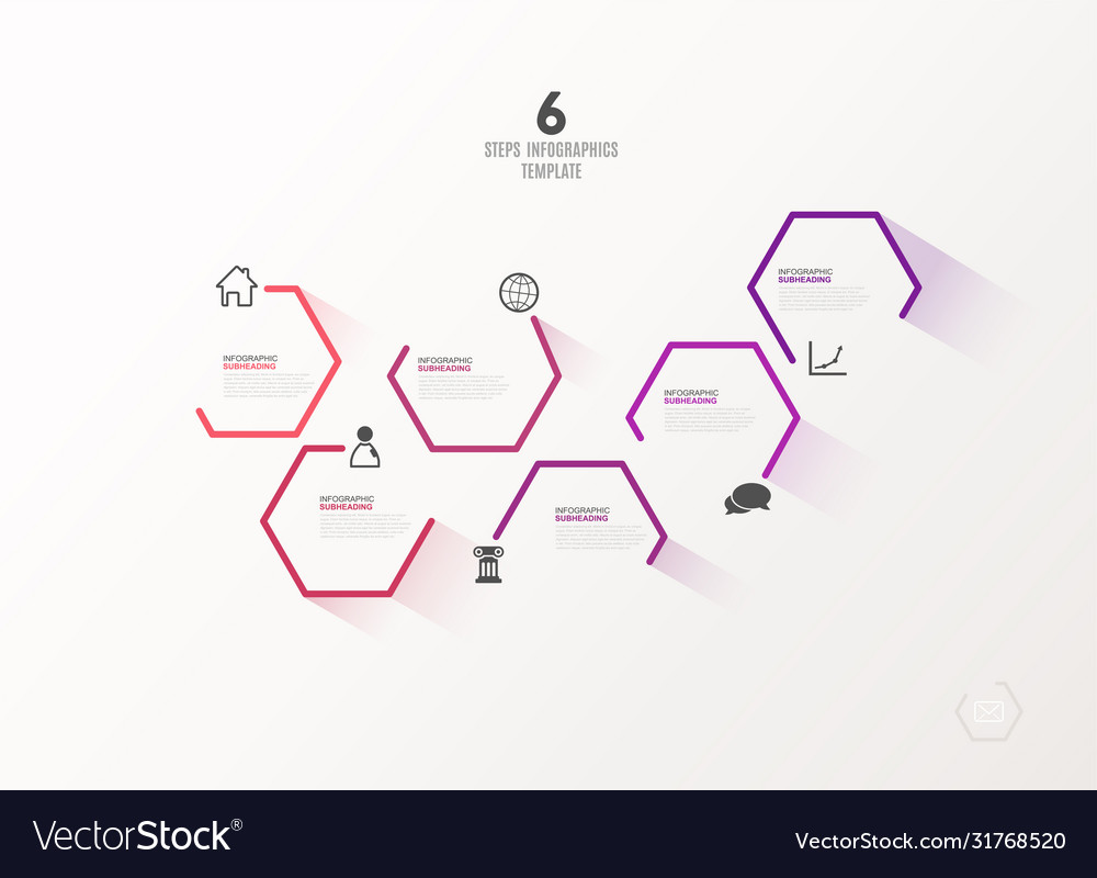 Six colorful hexagon progress steps with icons