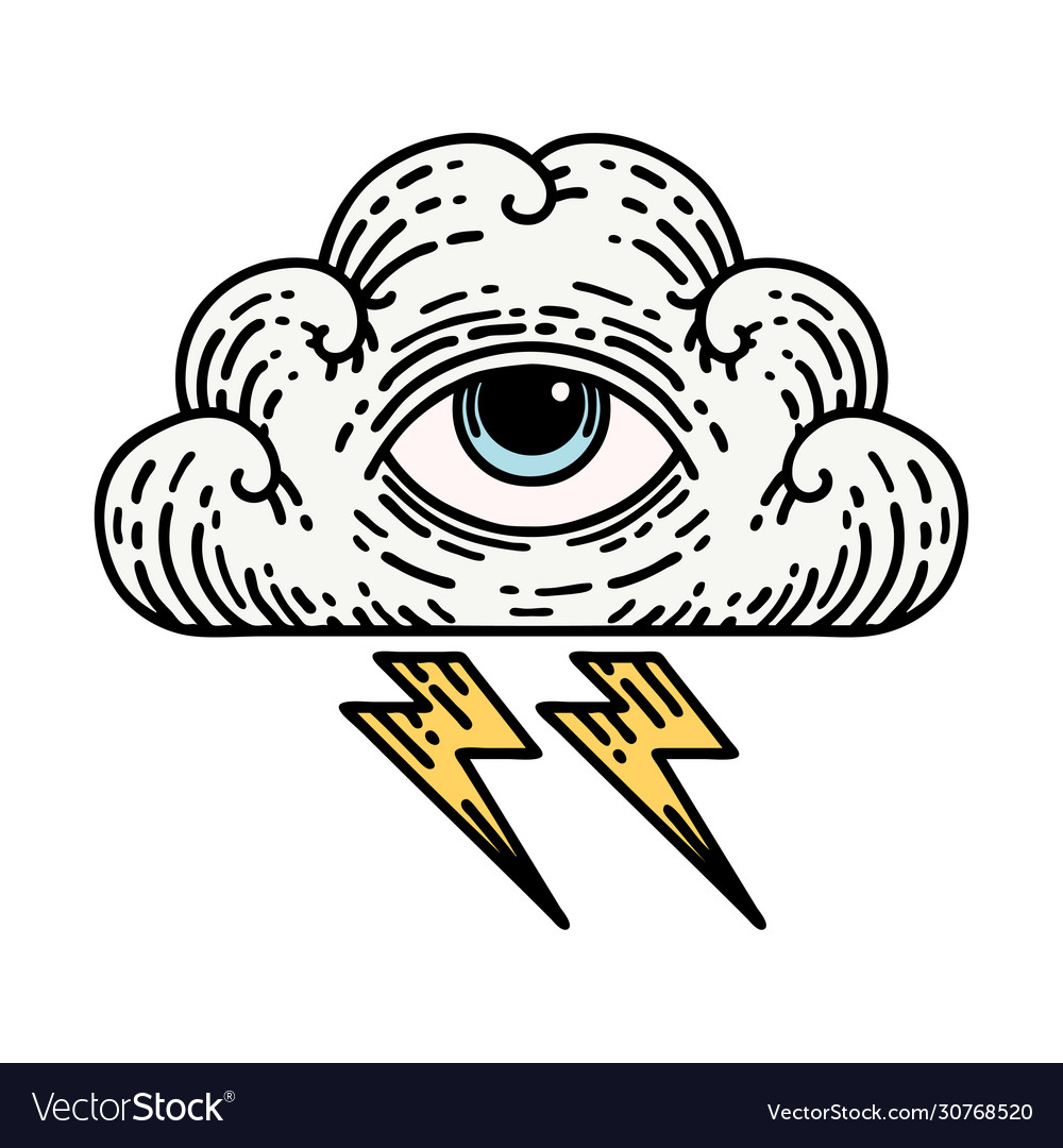 All seeing eye with cloud and lightnings Old school vector illustration  isolated on white background 9156038 Vector Art at Vecteezy