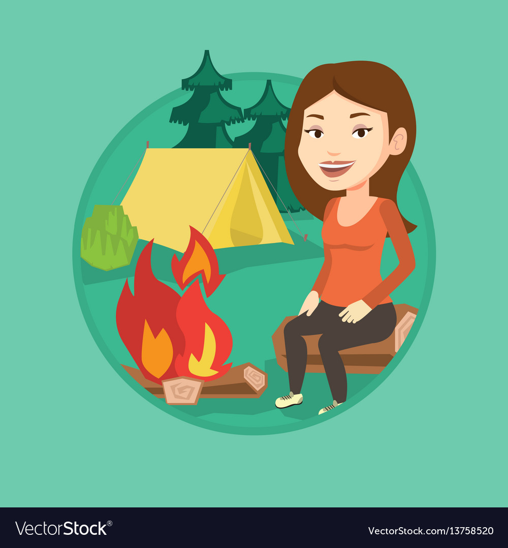 Woman sitting on log near campfire in the camping Vector Image