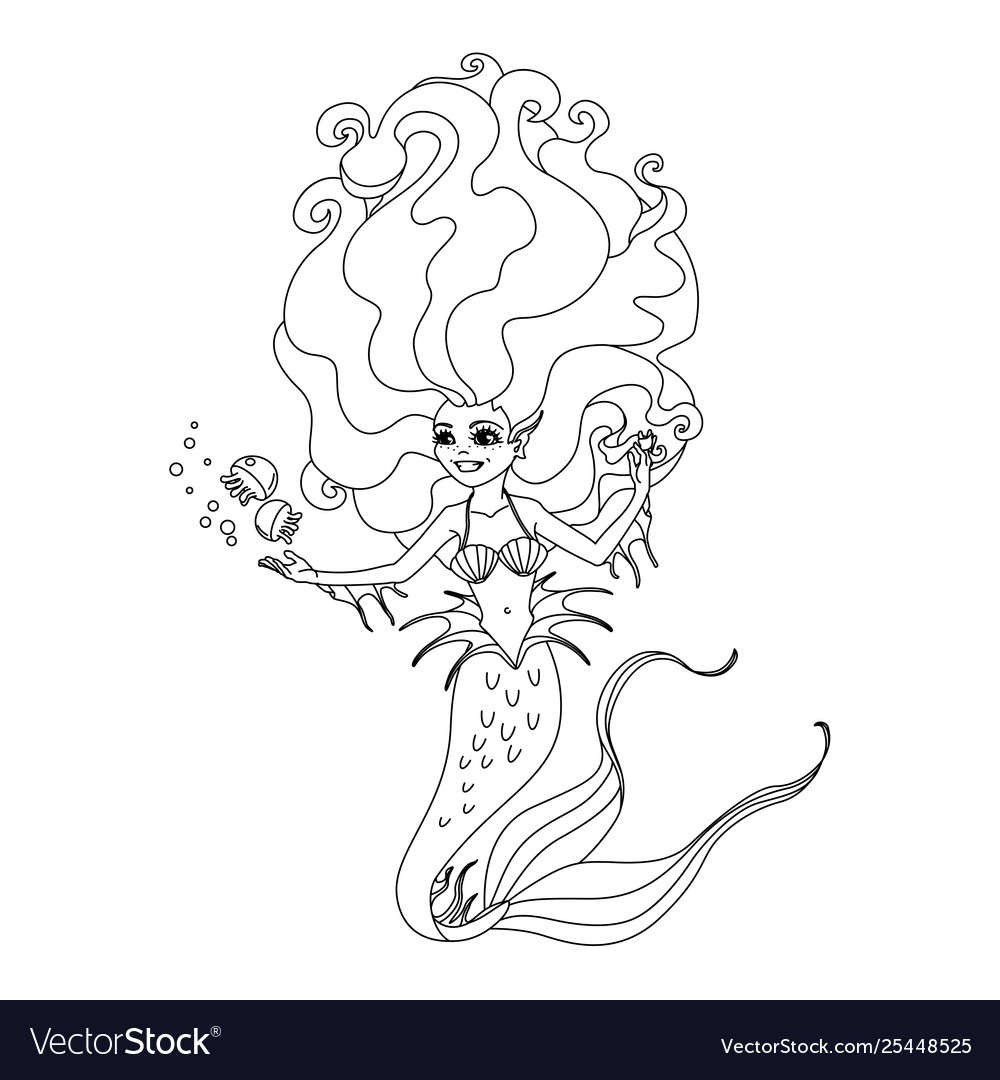 Black white outline cartoon cute mermaid Vector Image