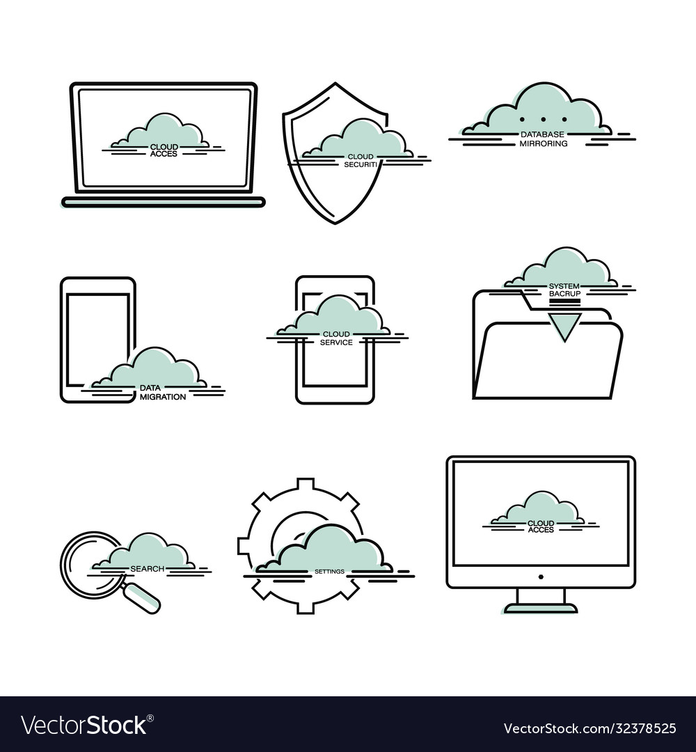 Cloud storage networking icons set line vector image Cloud storage networking icons set line