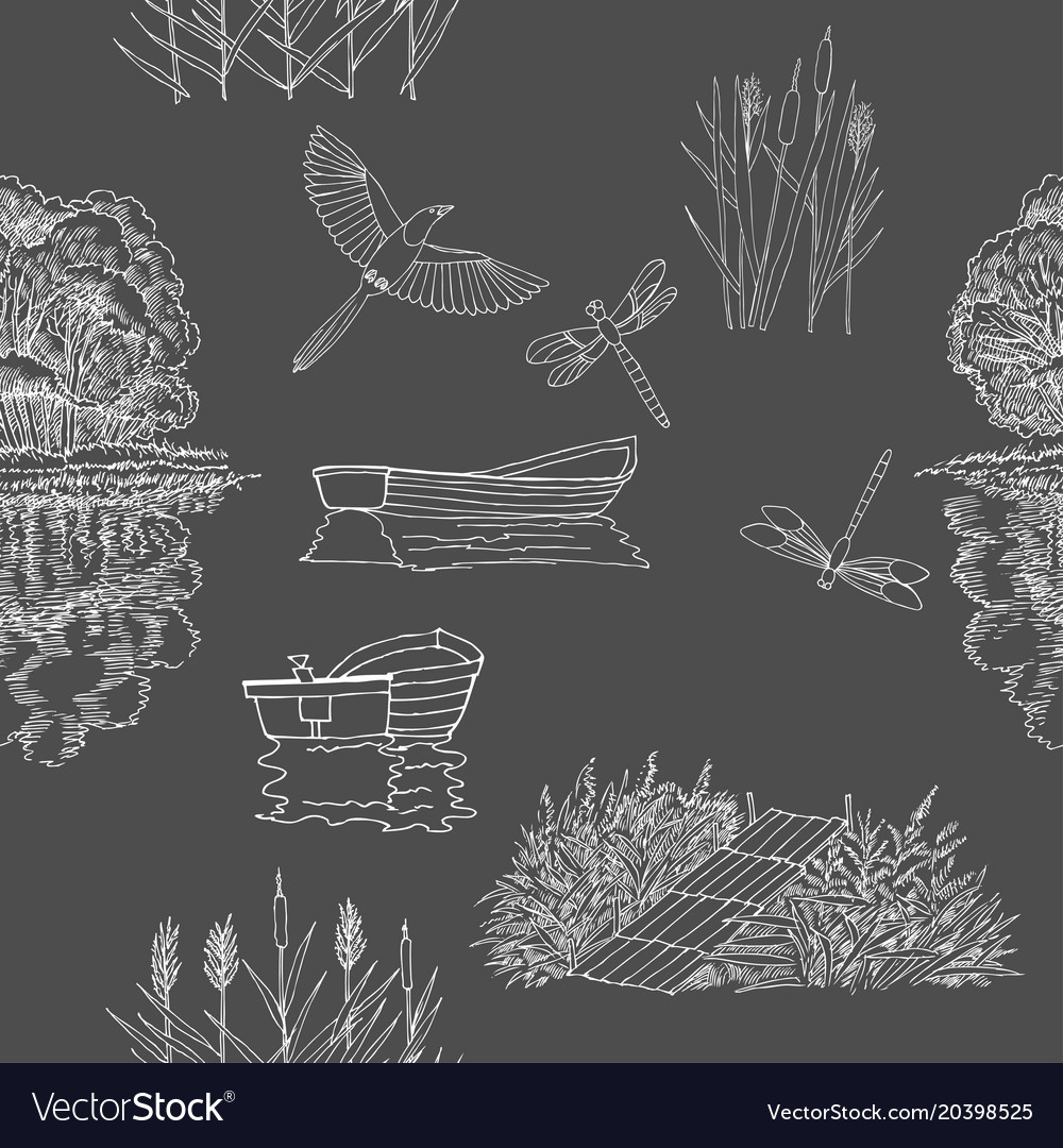Seamless pattern with boat and trees