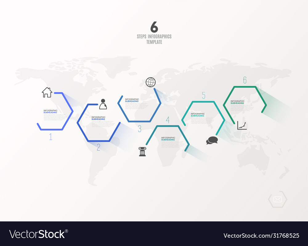Six colorful hexagon progress steps with icons Vector Image Six colorful hexagon progress steps with icons