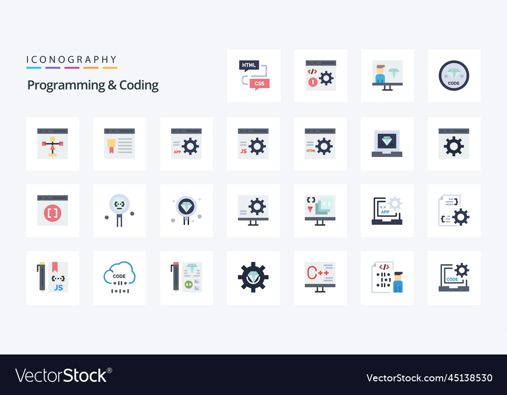 25 programming and coding flat color icon pack