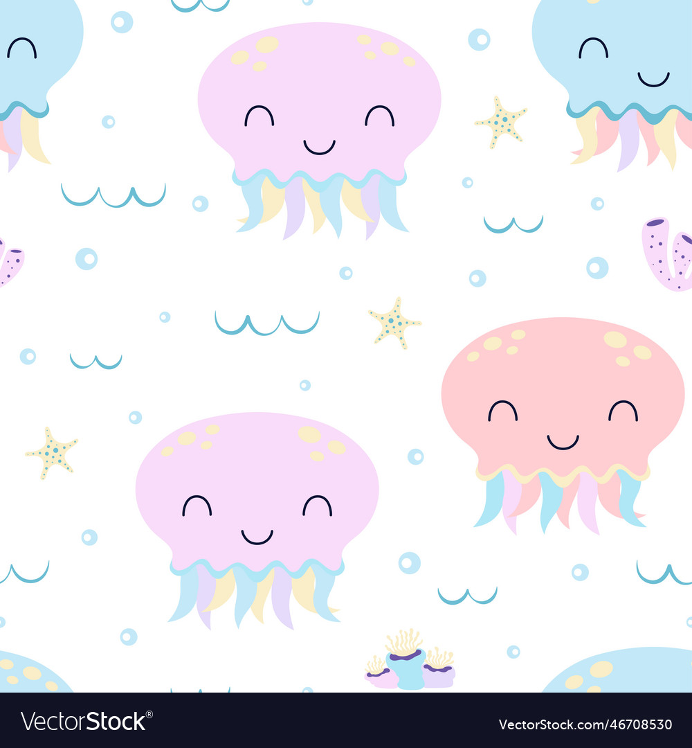 Seamless pattern with jellyfishes and seaweed