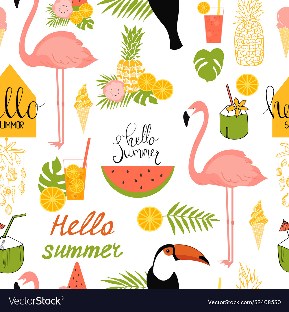 Seamless summer pattern with flamingo toucan