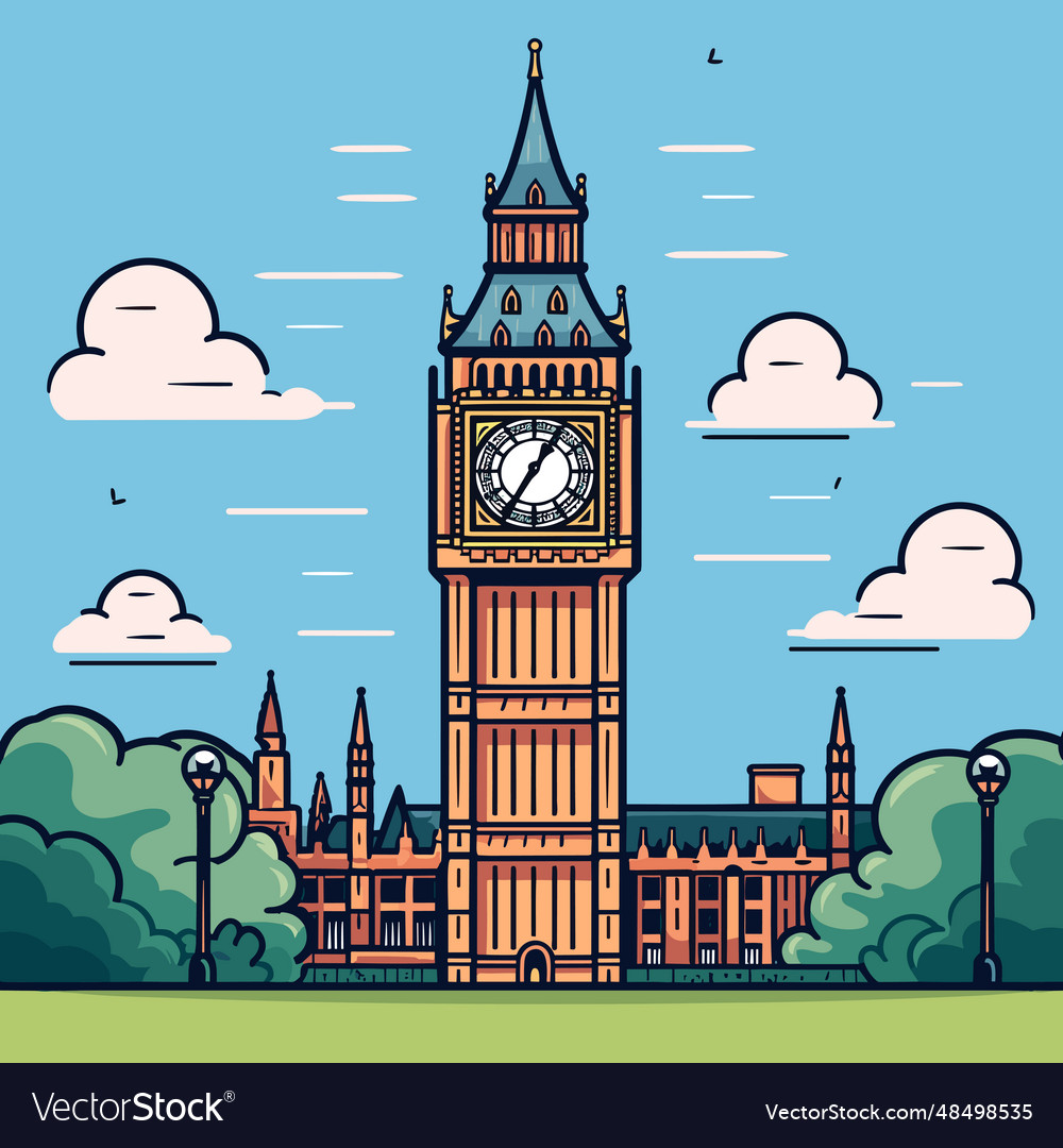 Big ben hand-drawn comic doodle style Royalty Free Vector