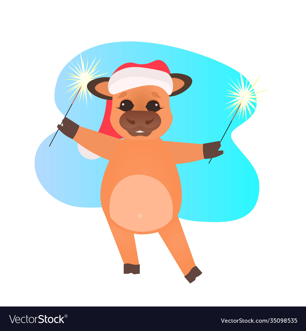 Little ox in santa hat holding sparklers happy new vector image Little ox in santa hat holding sparklers happy new