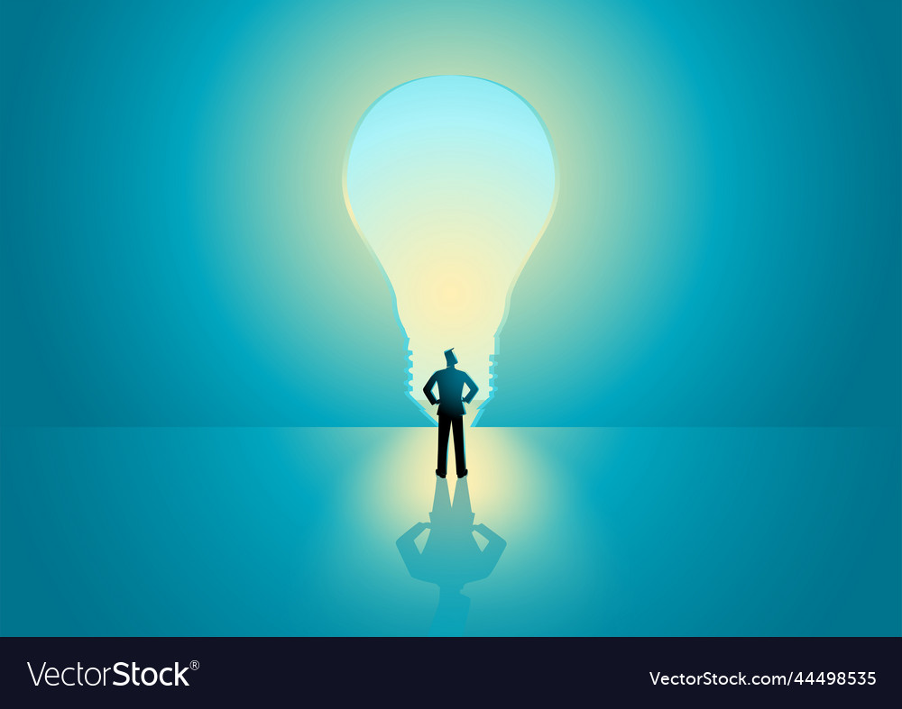 Man standing in front of bulb shape door vector image Man standing in front of bulb shape door