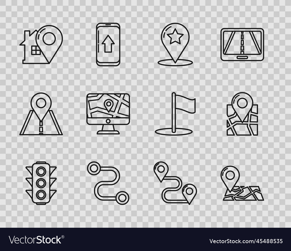 Set line traffic light folded map with location vector image Set line traffic light folded map with location