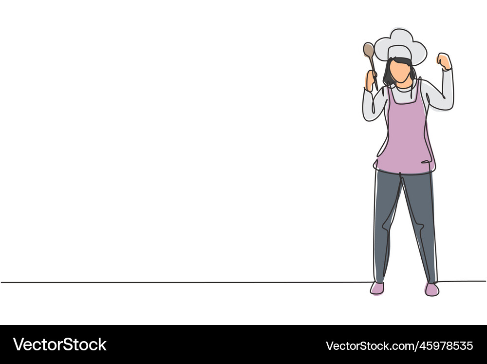 Single one line drawing female chef stands with Vector Image