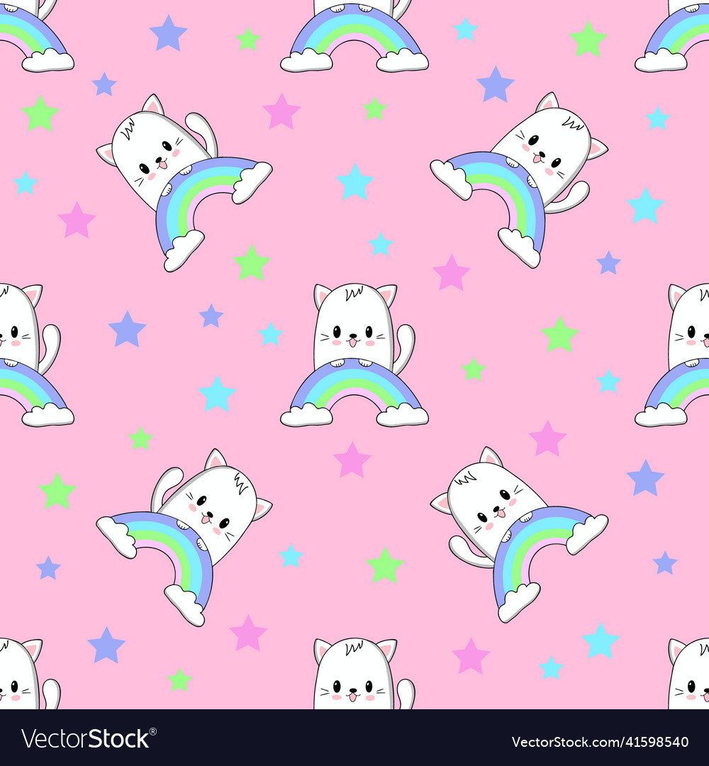 Cute kawaii cat with rainbow vector image Cute kawaii cat with rainbow