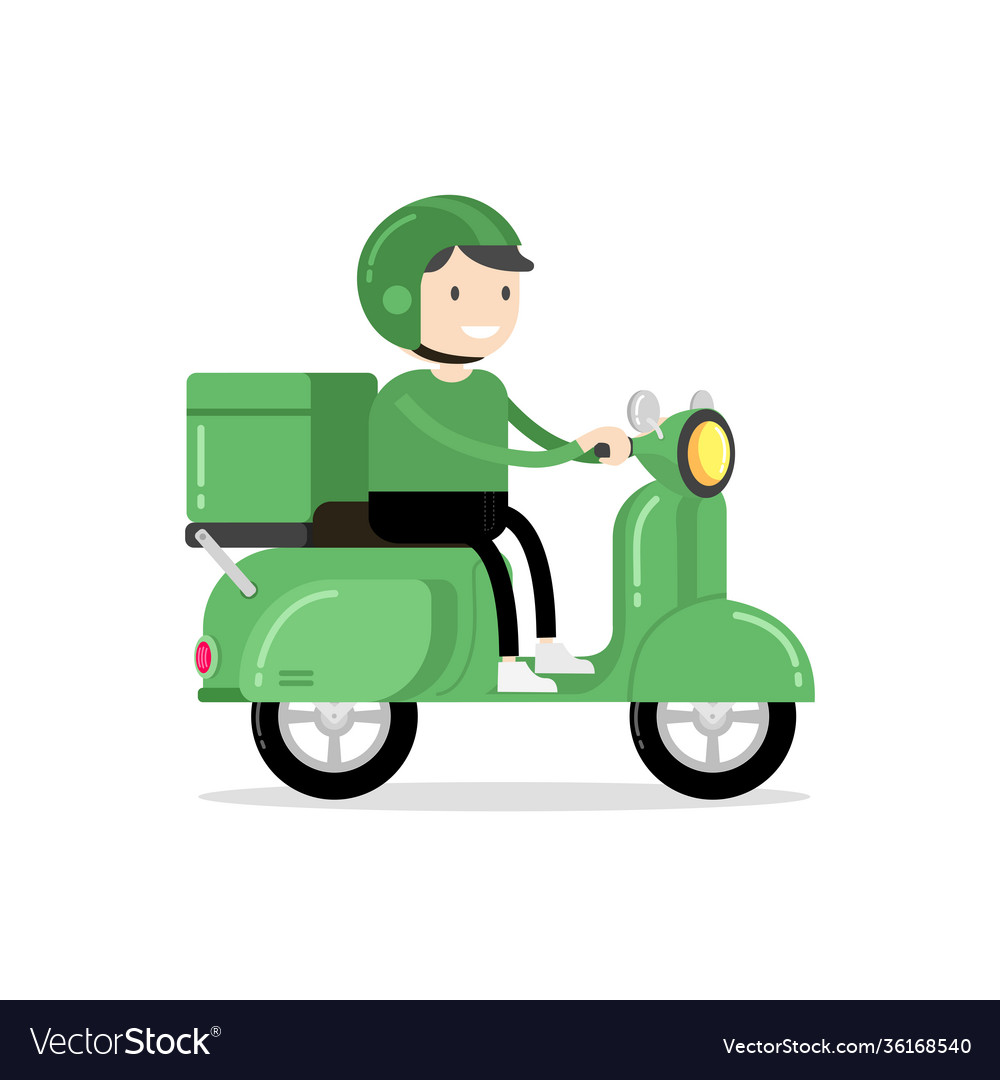 Food Delivery Man Riding A Green Scooter Vector Image