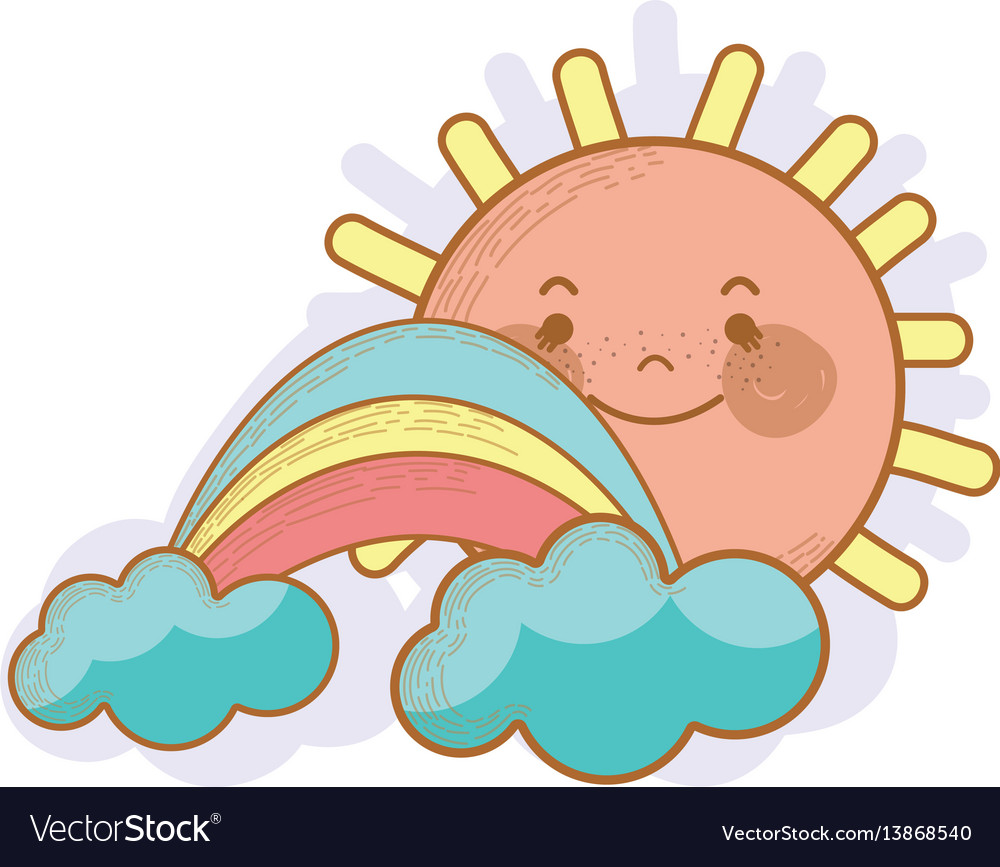 Kawaii happy sun with cloud and rainbow