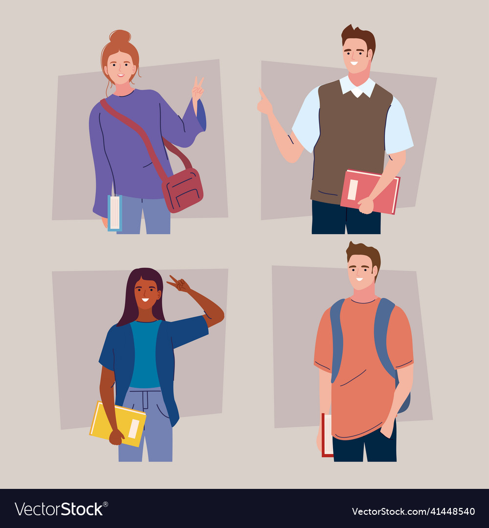 Young students four characters Royalty Free Vector Image