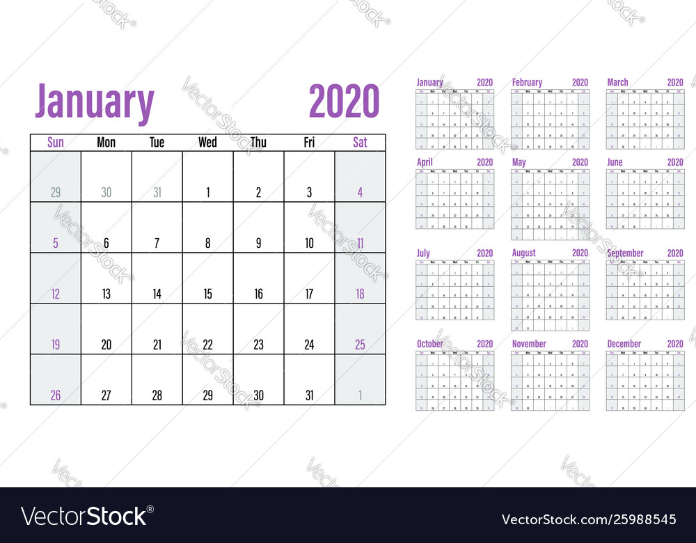 Calendar planner 2020 template Royalty Free Vector Image