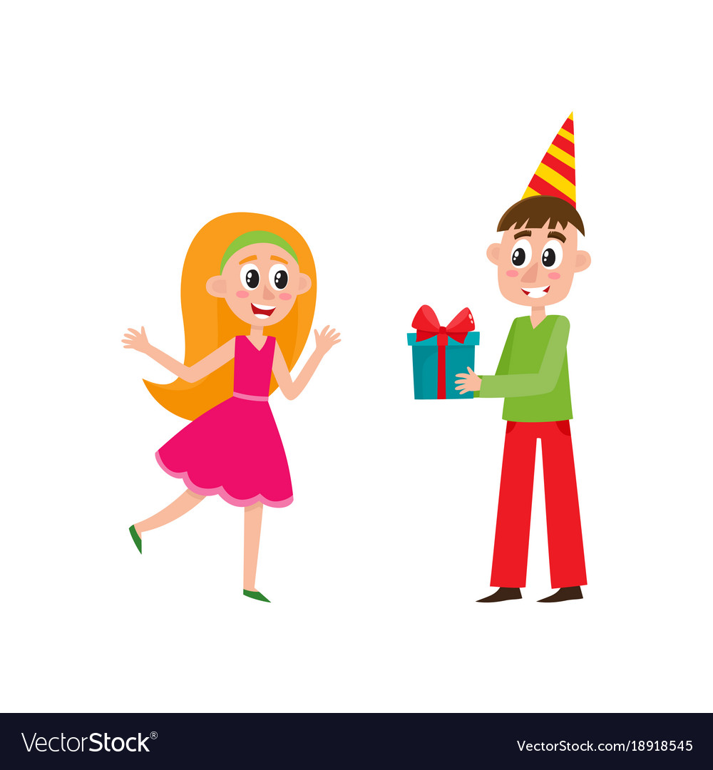 Flat man giving present box to girl