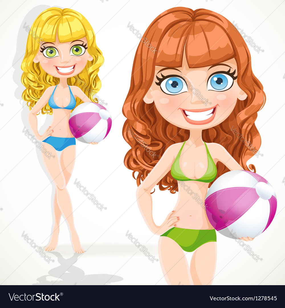 Girl in a bathing suit with inflatable ball