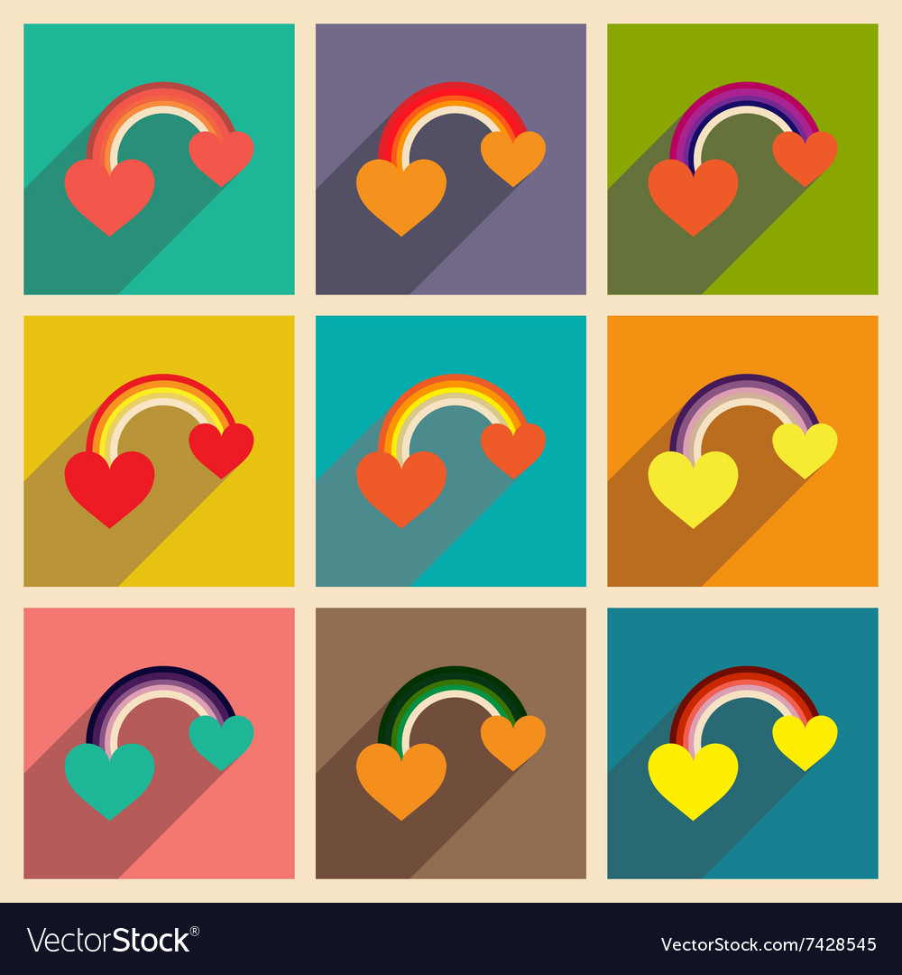 Set of flat web icons with long shadow rainbow