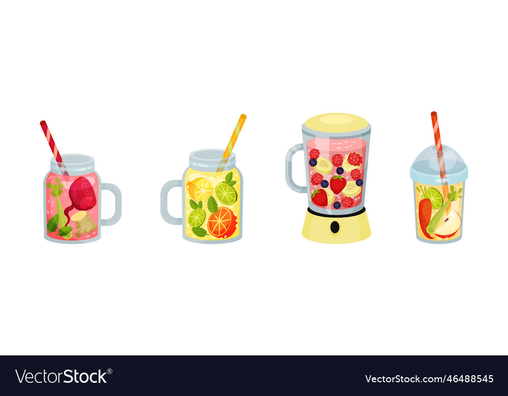 Smoothie in blender and jar with different vector image Smoothie in blender and jar with different