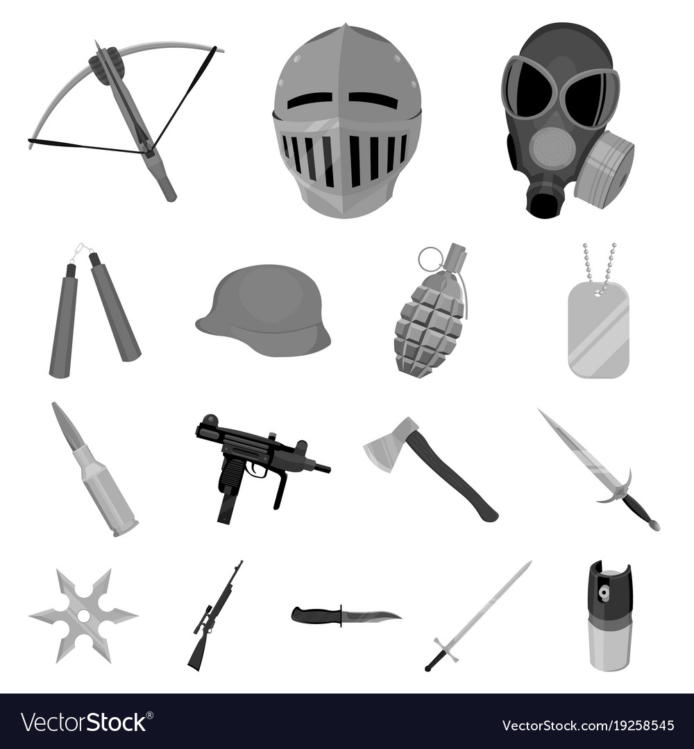 Types of weapons monochrome icons in set
