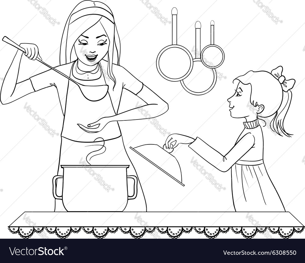 Mother and daughter tests food in the kitchen Vector Image