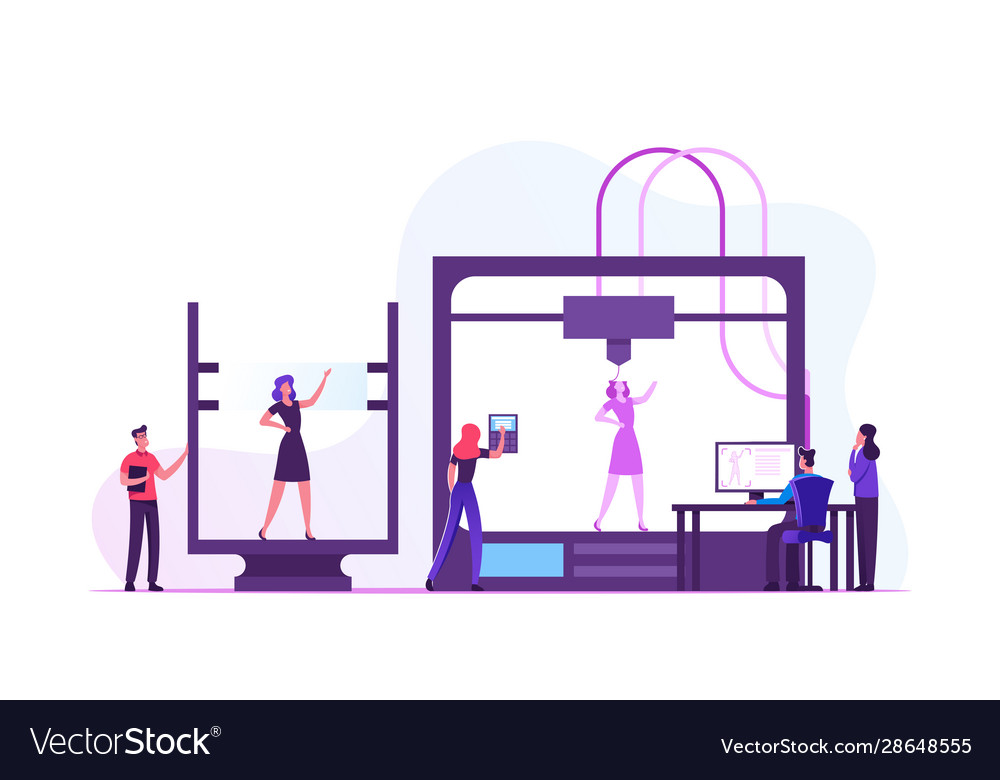 Developers and engineers using 3d printer vector image Developers and engineers using 3d printer