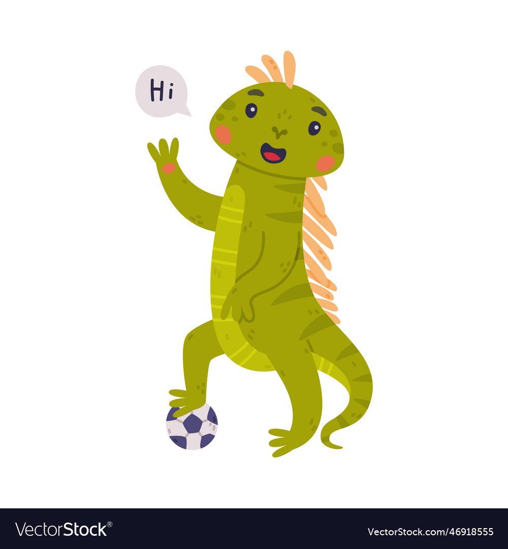 Funny green iguana character with scales greeting