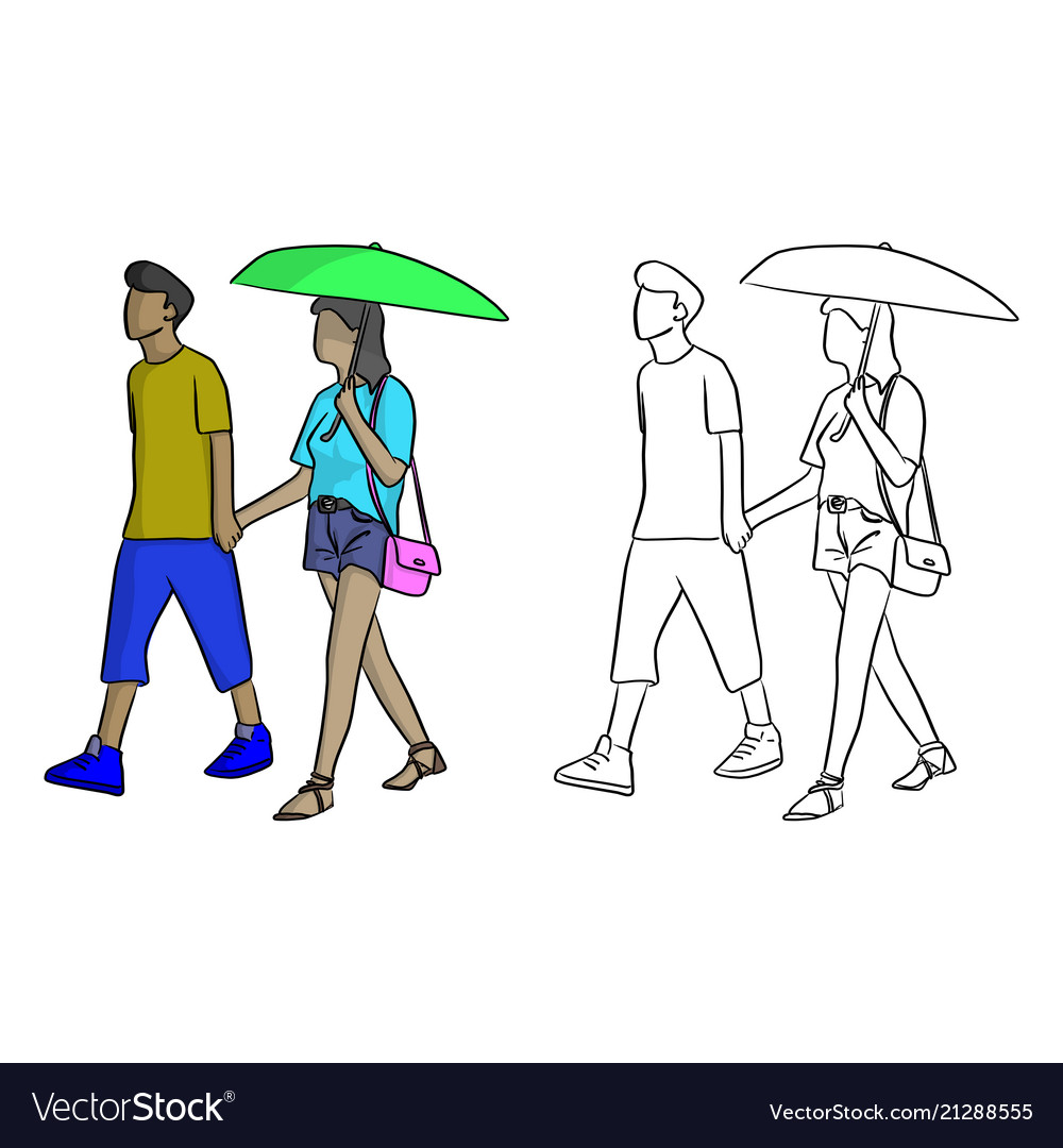 Man walking with his lover a green umbrella