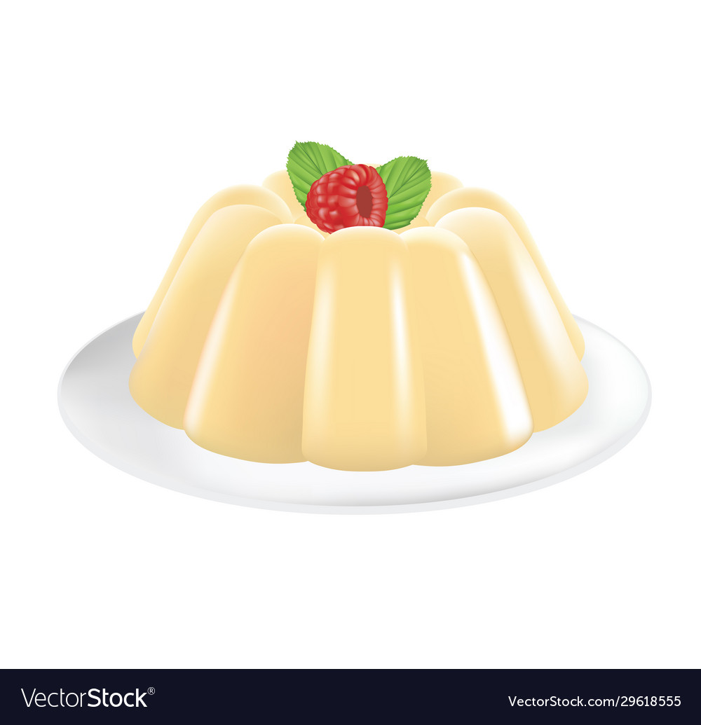 Vanilla pudding with raspberry in plate