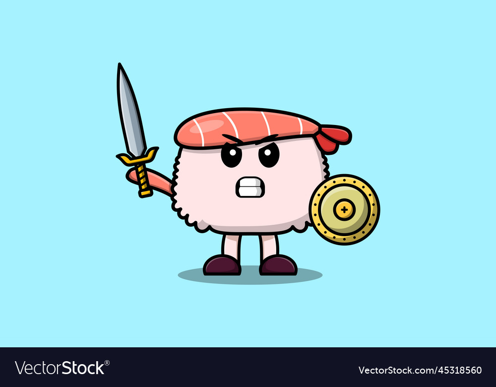 Cute cartoon sushi shrimp holding sword and shield